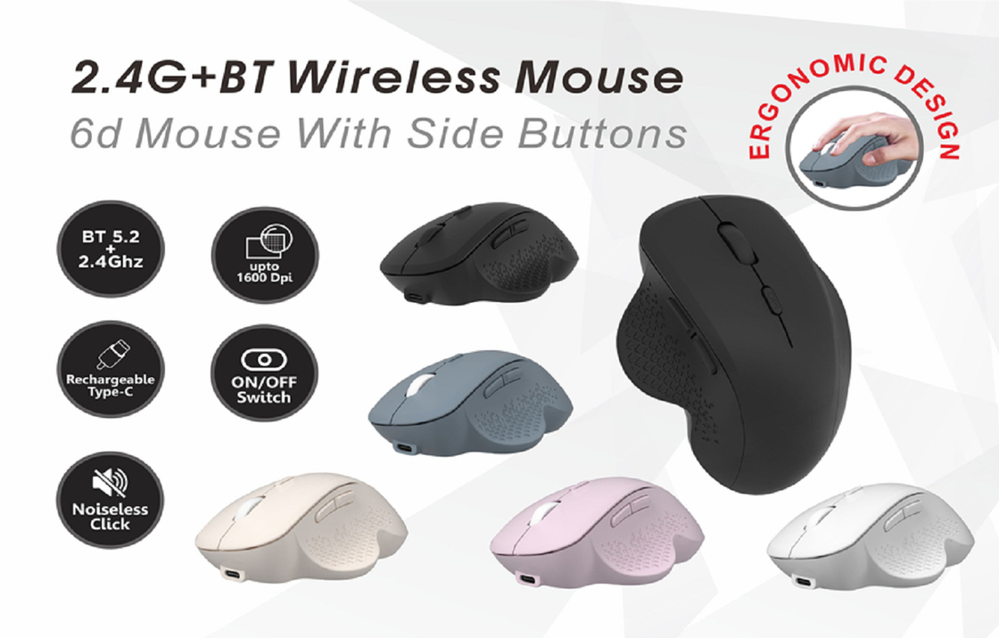 6D мышь с боковыми кнопками,2.4G, Bluetooth 5.2Эргономичный дизайн, до 1600 DPI, без шума для офисных работников, дизайнеров, геймеров