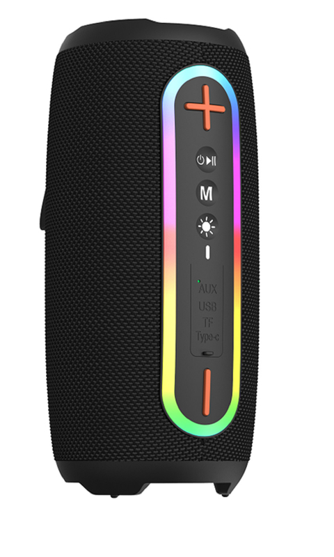 Bluetooth 5.3, динамики 2*10 Вт, аккумулятор 2400 мАч, зарядка Type-C, RGB-подсветка, шнурок