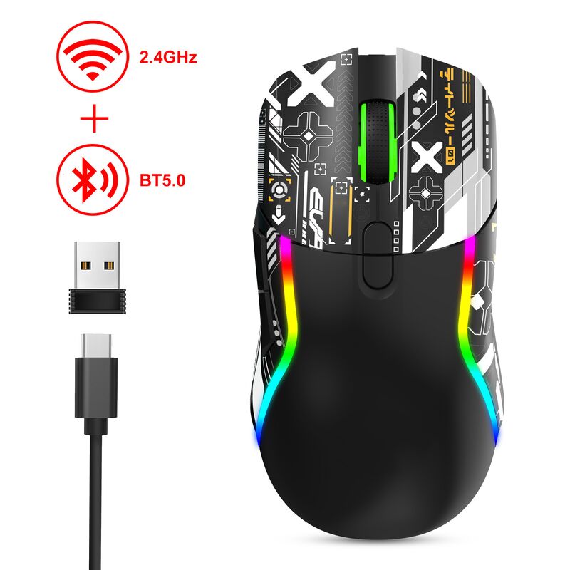 Беспроводная RGB игровая мышь с двумя режимами,2.4G + Bluetooth, 3200 DPI, 8 кнопок, 600mAh батарея, Type-C перезаряжаемая, ABS, лазерная печать