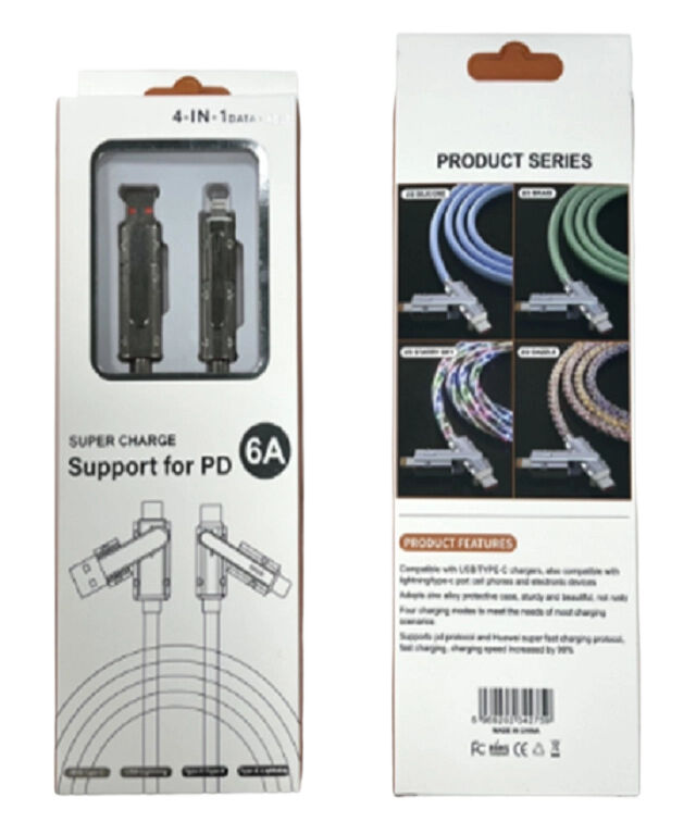 Прозрачный кабель быстрой зарядки, 65 Вт C-C, 27 Вт C-L, 5-ядерная медь, светодиодный индикатор