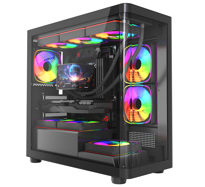Игровой чехол ATX Mid-Tower. Загнутая стеклянная панель. Поддержка радиатора 360 мм.