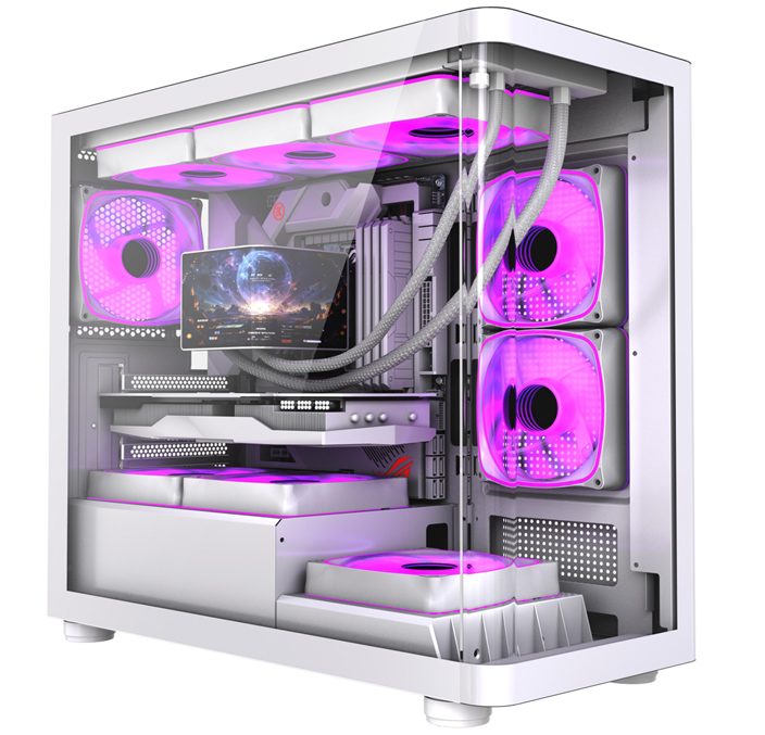 Игровой чехол ATX Mid-Tower. Загнутая стеклянная панель. Поддержка радиатора 360 мм.
