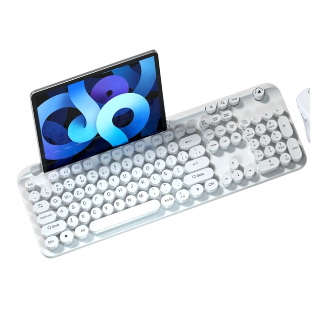 2.4G беспроводная и Bluetooth клавиатура. Перезаряжаемая клавиатура типа C. Батарея мощностью 500 мАч. Кнопка громкости.